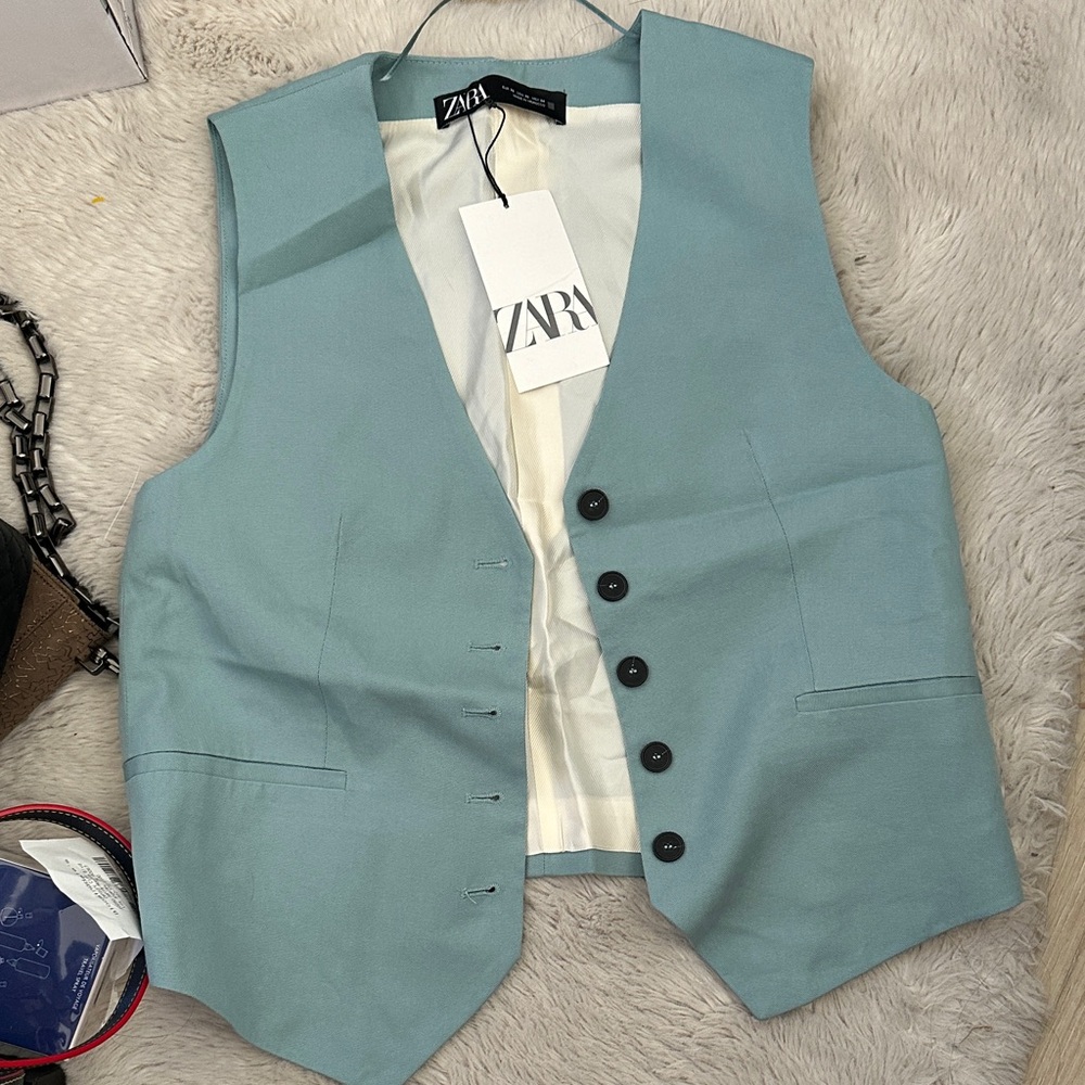 NWT Zara Sky Blue Sleeveless Vest with Black Buttons
